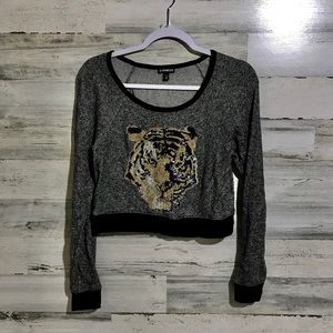 Express cropped tiger sweater w/lace and sequins